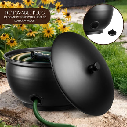 Monarch Abode Garden Hose Holder with Lid – Decorative Water Hose Holders for Outside, Smooth Metal Antique Copper Pot with Drainage, 100ft Waterhose Holder for Outside, Garden Storage Caddy
