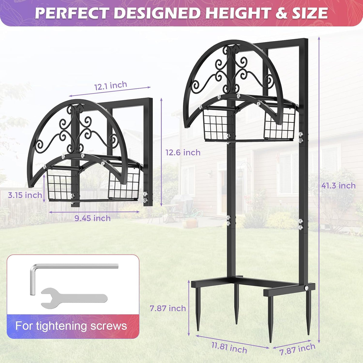 OLV Hose Holder Holds 150-ft Water Pipe, Outdoor Freestanding Heavy Duty Water Hose Holder Reel with 4 Spikes, Detachable Metal Hose Storage Stand Hanger Rack for Outside Yard Lawn Farm, Black