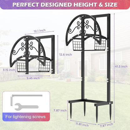 OLV Hose Holder Holds 150-ft Water Pipe, Outdoor Freestanding Heavy Duty Water Hose Holder Reel with 4 Spikes, Detachable Metal Hose Storage Stand Hanger Rack for Outside Yard Lawn Farm, Black