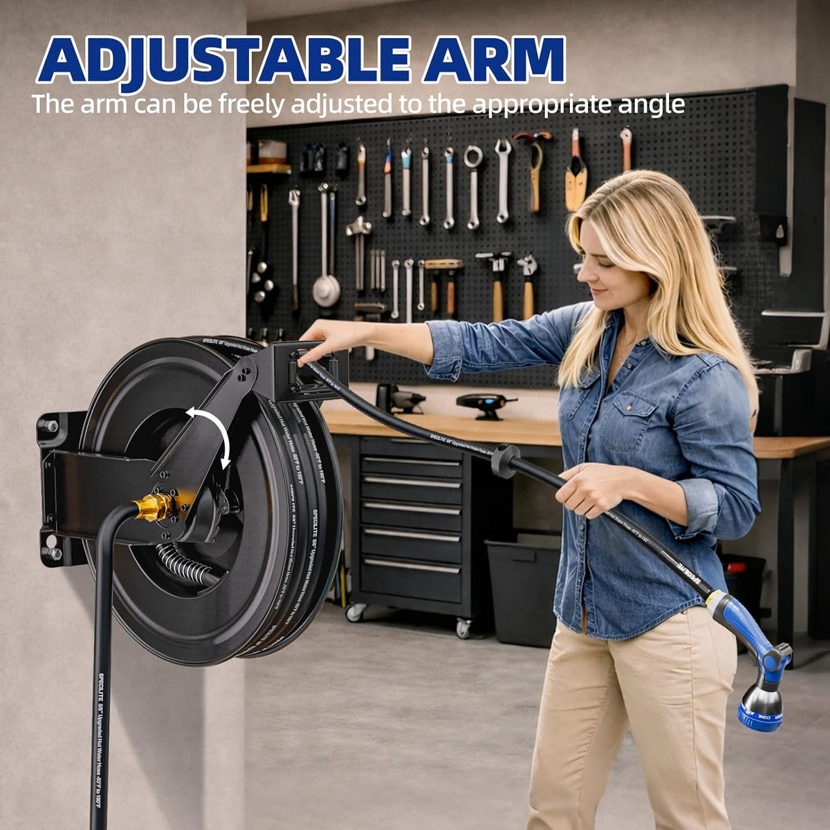 SPECILITE Hot/Cold Retractable Garden Hose Reel 50ft x 5/8'', -50℉ - 190 ℉, Wall Mount Water Pipe Spool, Heavy Duty, with 6ft Leader Hose, 8 Function Nozzle, for Backyard, Outdoor, Farm, Boat, Black