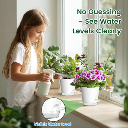 Meowell Self Watering Pots Pack of 6 – Different Size 4" to 7" Indoor Plant Pots with Drainage Holes and Clear Reservoir for Visible Water Level, Plastic Wicking Planters for House Plants, White