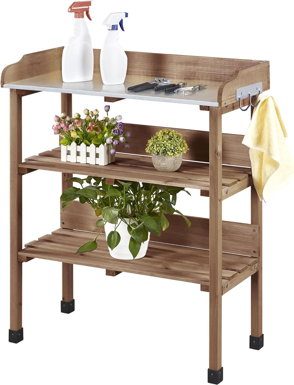 Yaheetech Outdoor Garden Potting Bench Table Wooden Horticulture Planting Worstation w/Metal Tabletop/Storage Shelf/3 Hooks, Natural Wood