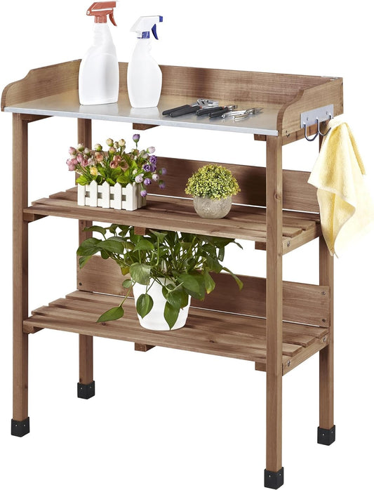 Yaheetech Outdoor Garden Potting Bench Table Wooden Horticulture Planting Worstation w/Metal Tabletop/Storage Shelf/3 Hooks, Natural Wood