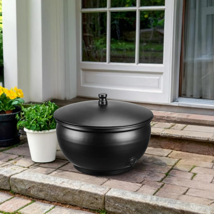 Monarch Abode Garden Hose Holder with Lid – Decorative Water Hose Holders for Outside, Smooth Metal Antique Copper Pot with Drainage, 100ft Waterhose Holder for Outside, Garden Storage Caddy