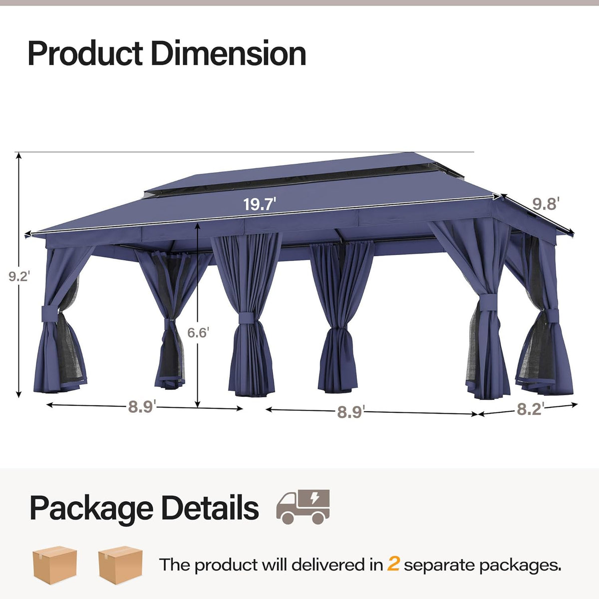 10x20 Gazebo Canopy with 100FT String Lights, Metal Heavy Duty Patio Canopy Tent with Double Roofs, Mosquito Nettings and Privacy Screens for Backyard, Garden, Lawn, Gray