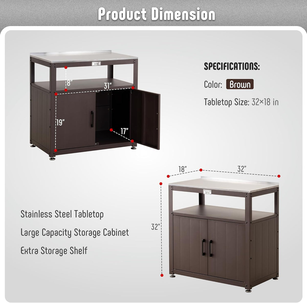 Feasto Outdoor Potting Bench with Storage, Stainless Steel Tabletop Garden Work Bench with Storage Cabinet & Removable Inner Shelf for Patio Lawn Outdoor Gardening