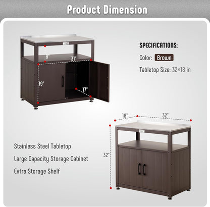 Feasto Outdoor Potting Bench with Storage, Stainless Steel Tabletop Garden Work Bench with Storage Cabinet & Removable Inner Shelf for Patio Lawn Outdoor Gardening