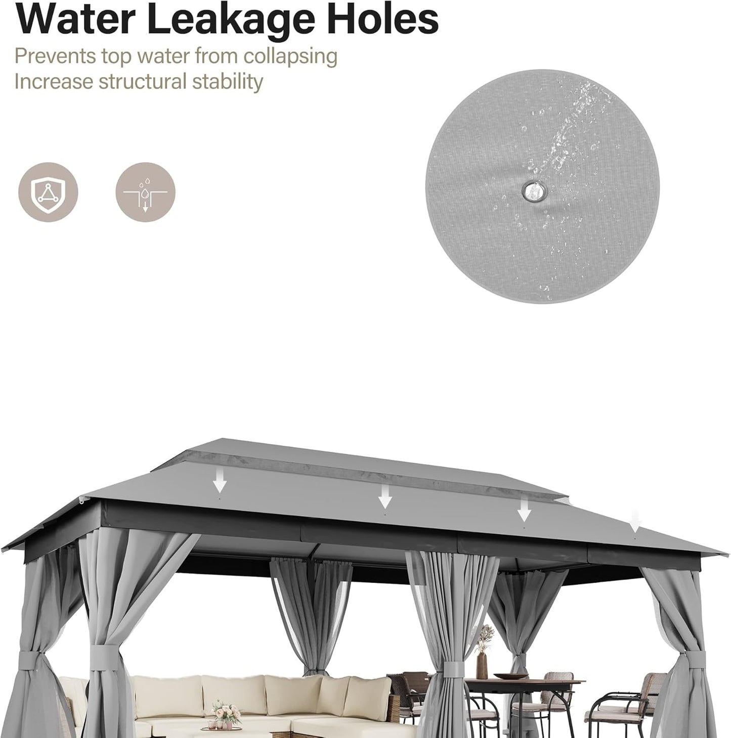 10x20 Gazebo Canopy with 100FT String Lights, Metal Heavy Duty Patio Canopy Tent with Double Roofs, Mosquito Nettings and Privacy Screens for Backyard, Garden, Lawn, Gray