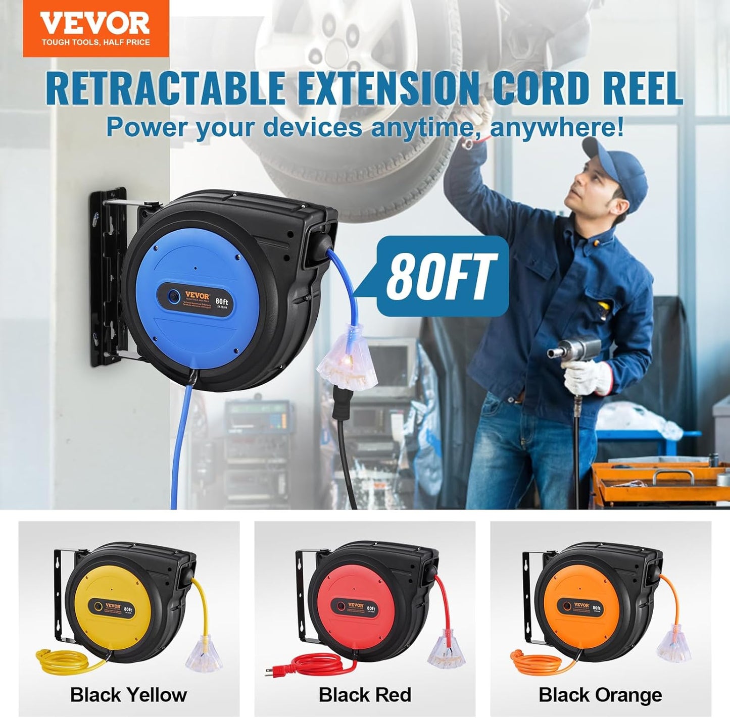 65FT Retractable Extension Cord Reel, Heavy Duty 12AWG/3C SJTOW Cord