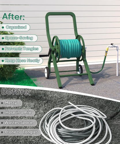 Artigarden Garden Hose Reel Cart with Wheels, Outdoor Heavy Duty Powder-coated Steel Water Storage Winder Holder, Holds 125 ft of 5/8’’ Hose with 3.9 Ft Leader Hose for Outside Lawn Yard, Black