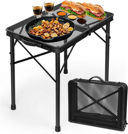 2Ft Small Folding Table with Carry Handle, Camping Table Adjustable Height 10.6–22 in, Black Metal Mesh, Portable & Compact for Outdoor/Indoor,Grill Table, 23.6×15.8 in, 4 lb, 66 lb Capacity