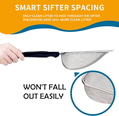 Cat Litter Scoop Stainless Steel Mesh Scooper Long Handle Deep Shovel Non-Stick Coated Metal Litter Scoop for Litter Box Kitten Pooper Lifter (Hole:3.8mm/Regular Cat Litter Scoop)