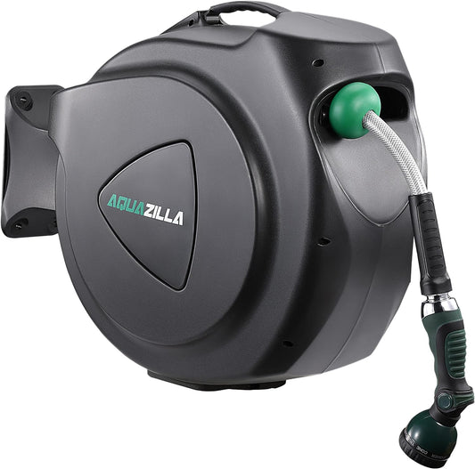 Retractable Garden Hose Reel, 120Ft x 1/2" Durable Wall Mounted Water Hose Reel with 180¡ãSwivel Bracket, 9 Pattern Sprayer, 6Ft leader hose, Smooth Automatic Rewind, Any Length Lock.