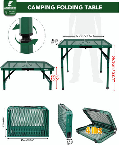 2Ft Small Folding Table with Carry Handle, Camping Table Adjustable Height 10.6–22 in, Black Metal Mesh, Portable & Compact for Outdoor/Indoor,Grill Table, 23.6×15.8 in, 4 lb, 66 lb Capacity