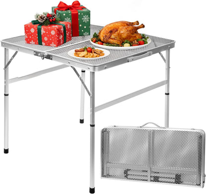 2Ft Small Folding Table with Carry Handle, Camping Table Adjustable Height 10.6–22 in, Black Metal Mesh, Portable & Compact for Outdoor/Indoor,Grill Table, 23.6×15.8 in, 4 lb, 66 lb Capacity