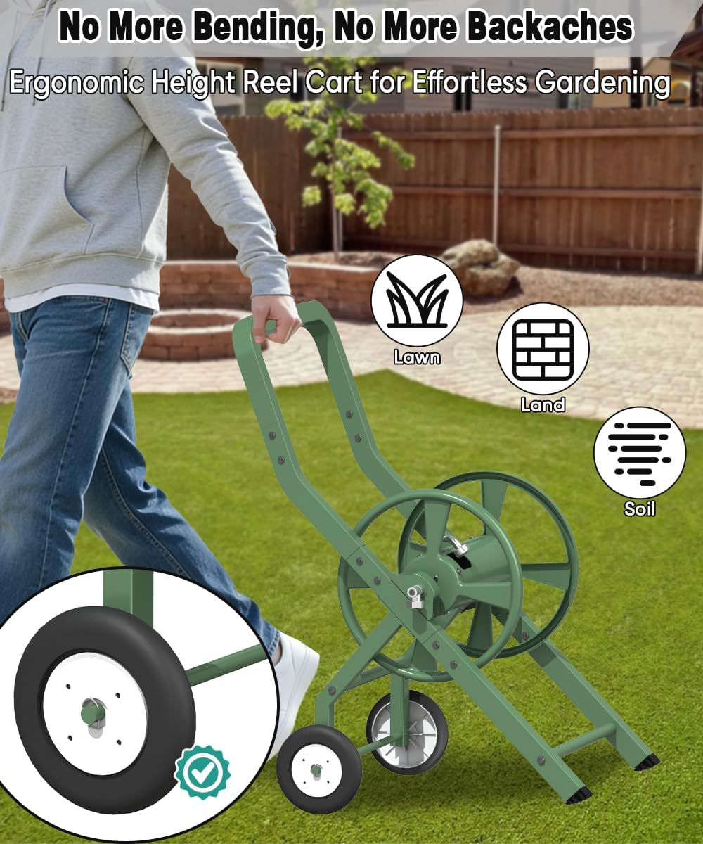 Artigarden Garden Hose Reel Cart with Wheels, Outdoor Heavy Duty Powder-coated Steel Water Storage Winder Holder, Holds 125 ft of 5/8’’ Hose with 3.9 Ft Leader Hose for Outside Lawn Yard, Black