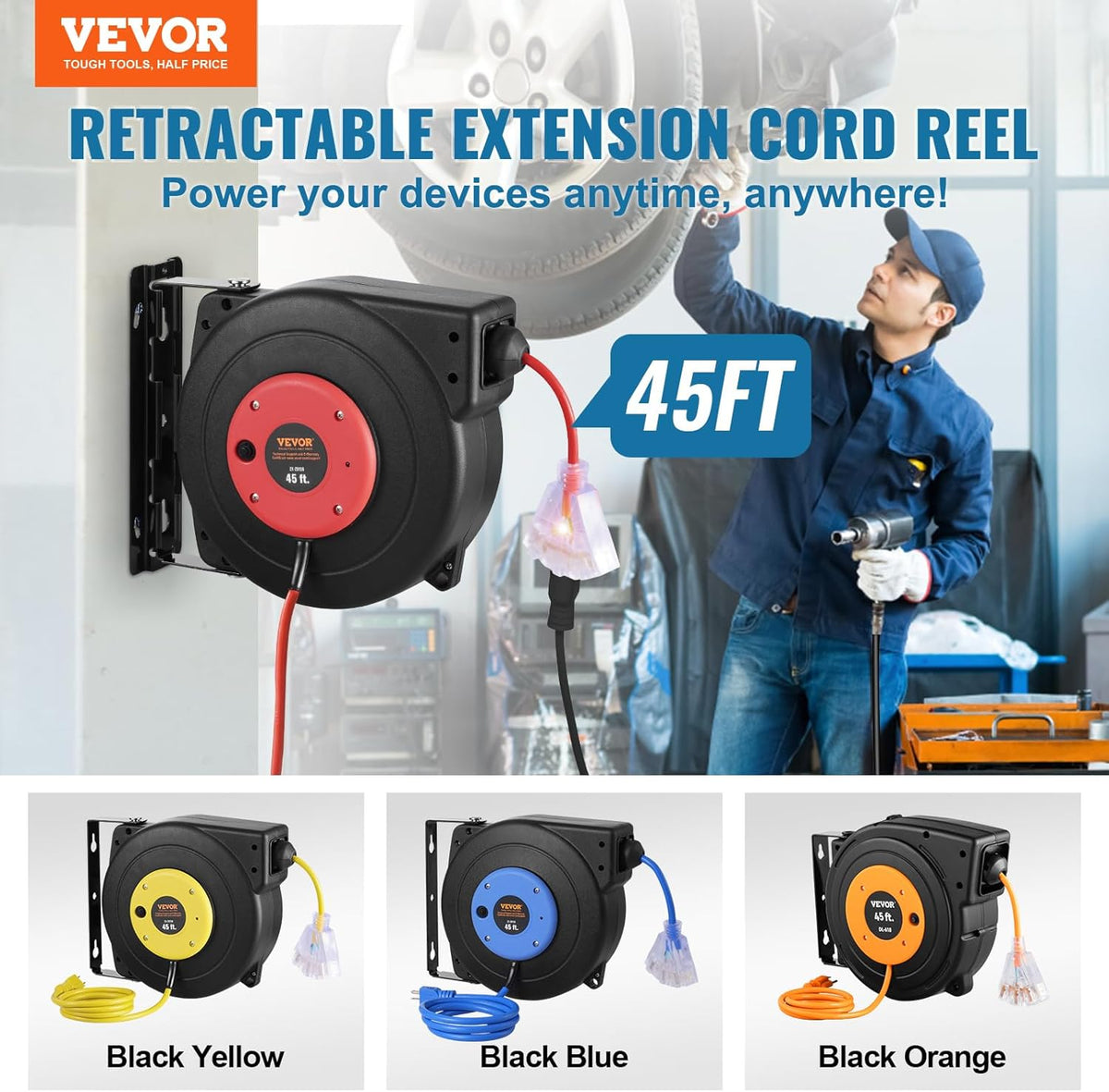 65FT Retractable Extension Cord Reel, Heavy Duty 12AWG/3C SJTOW Cord