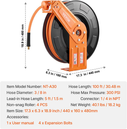 VEVOR Retractable Air Hose Reel, 3/8IN x 100FT Rubber Air Hose Max 300PSI, Air Compressor Hose Reel Auto-Rewind with 5FT Lead in, Ceiling/Wall Mount Heavy Duty Single Arm Steel Reel, 1/4" NPT Fitting