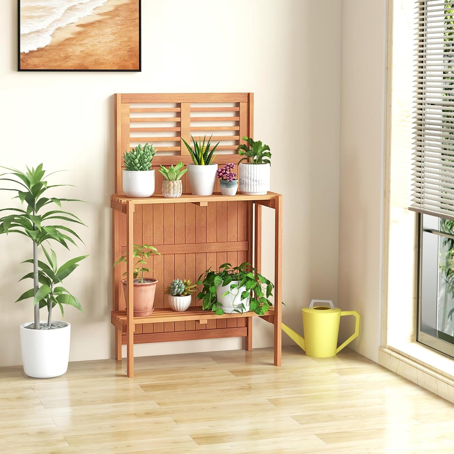 Garden Potting Bench Table, Folding Potting Bench Outdoor Workstation with Trellis & 2-Tier Shelves, Wood Potting Table for Outdoor, Deck, Balcony, Garden, Backyard