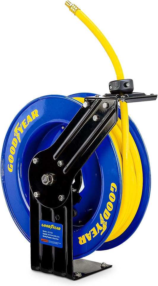 Goodyear Air Hose Reel Retractable 3/8" Inch x 50' Foot SBR Rubber Hose Max 300PSI Heavy Duty Industrial Steel Single Arm Construction