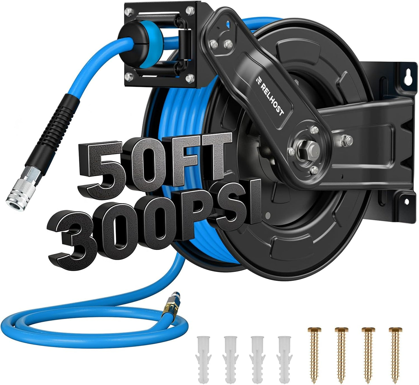 Relhost Retractable Air Hose Reel, 50 ft x 3/8 in Hybrid Air Hose Max 300PSI, Heavy Duty Air Compressor Hose Reel with Auto Rewind, Ceiling/Wall Mount for Garage, Workshop, Home Studio