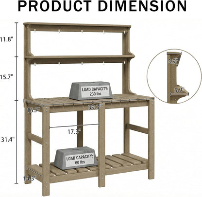 Outdoor Potting Bench with 3 Tier, All-Weather Patio Potting Table with Tool Hooks, HDPE Gardening Table for Backyard, Garden, Brown