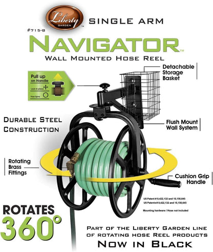 Liberty Garden 712-B Single Arm Navigator Multi-Directional Garden Hose Reel, Holds 125-Feet of, 5/8-Inch, Black