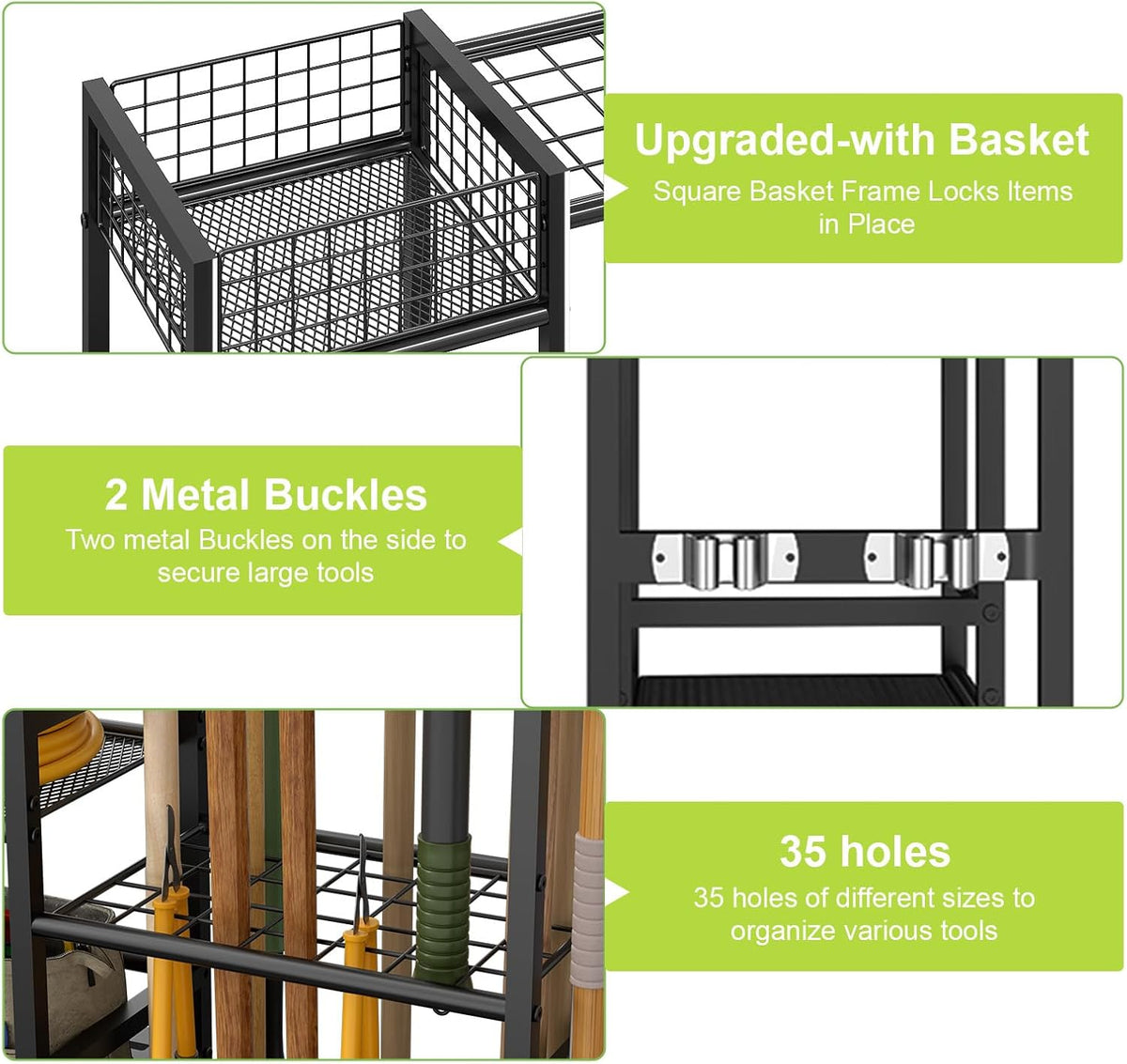 keomaisyto Garden Tool Organizer, Heavy Duty Yard Tool Tower Rack for Garage Organization and Storage, 3 Tier Utility Garden Tool Rack with hooks for Garden/Shed/Garage/Yard/Basement/Lawn