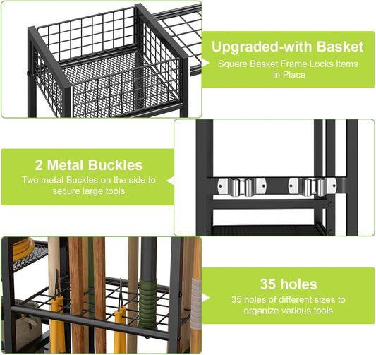 keomaisyto Garden Tool Organizer, Heavy Duty Yard Tool Tower Rack for Garage Organization and Storage, 3 Tier Utility Garden Tool Rack with hooks for Garden/Shed/Garage/Yard/Basement/Lawn