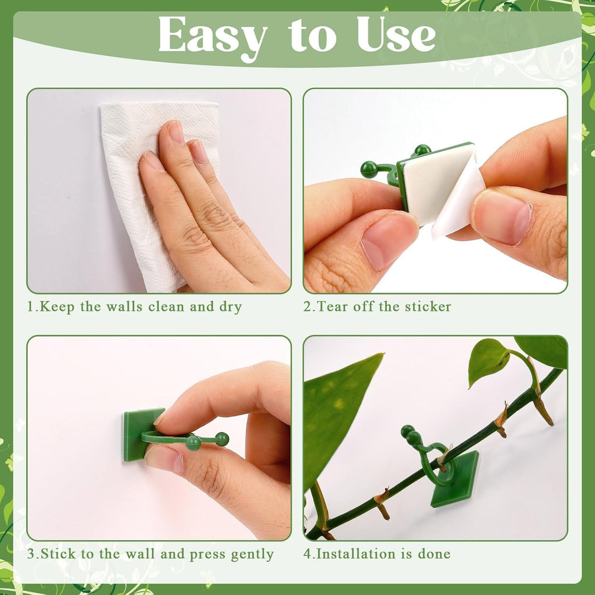 120 Pcs Plant Climbing Wall Fixture Clips, Green Plant Fixer with Self-Adhesive Hook, Fixing Clip Vines Holder for Indoor Outdoor Plants Support Cable Wire (Small, Medium, Large)