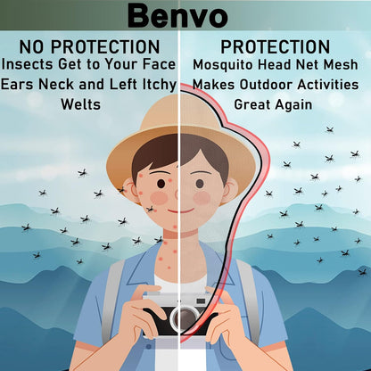 Benvo Mosquito Head Net Mesh, Face Neck Fly Netting Hood from Bugs Gnats Noseeums Screen Net for Any Outdoor Lover- with Carry Bags Fits Most Sizes of Hats Caps (2pcs, Black, Updated Big Net)