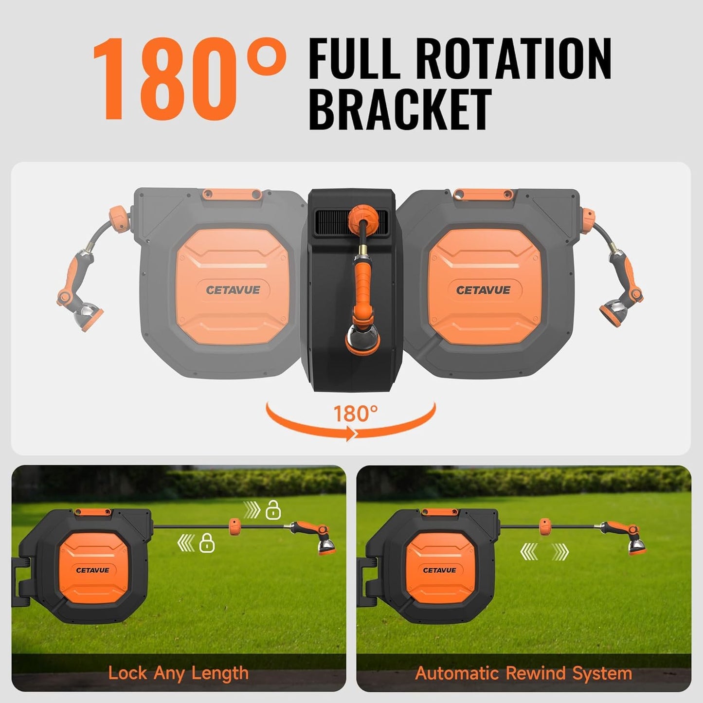 Retractable Garden Hose Reel 5/8 inch x 100 ft,Wall Mounted Heavy Duty Garden Hose Reel with 180°Swivel Bracket,Upgraded 10 Pattern Nozzle/Slow Return System(Black)