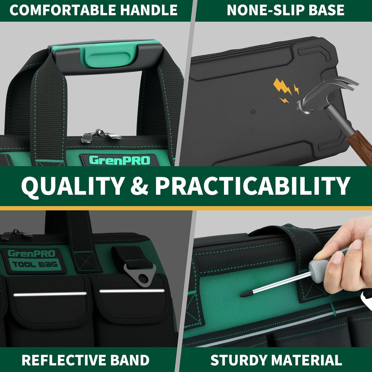 GrenPRO Garden Tool Bag Molded Bottom, Heavy Duty Tool Tote Toolbox with 10 Pockets, Reinforced & Top Snap Closure for Gardening Tools Storage, Dark Green(Tools Not Included)