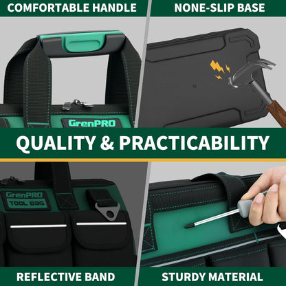 GrenPRO Garden Tool Bag Molded Bottom, Heavy Duty Tool Tote Toolbox with 10 Pockets, Reinforced & Top Snap Closure for Gardening Tools Storage, Dark Green(Tools Not Included)