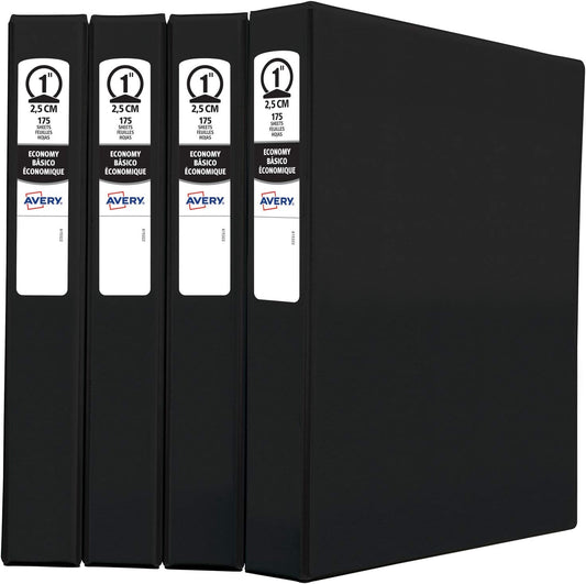 Avery Standard 3 Ring Binder, 1" Round Rings, 175-Sheet Capacity, 1.4 Inch Wide Spine, 1 Black Binder, Ideal for Lightweight Organization and Occasional Referencing (03301)