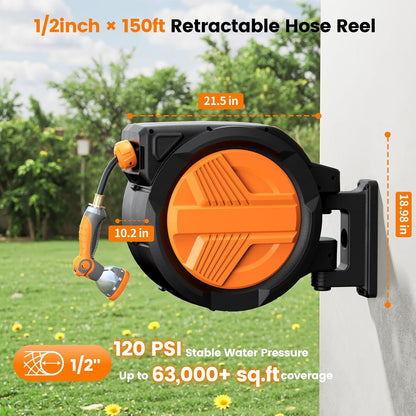 Retractable Garden Hose Reel 1/2” x 100ft, Auto Rewind Hose Reels for Outside, Heavy-Duty Wall-Mounted Outdoor Hose, 10-Mode Nozzle, Adjustable Length, 180° Rotation for Watering, Car Washing