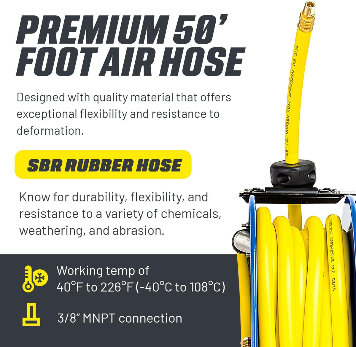 Goodyear Air Hose Reel Retractable 3/8" Inch x 50' Foot SBR Rubber Hose Max 300PSI Heavy Duty Industrial Steel Single Arm Construction