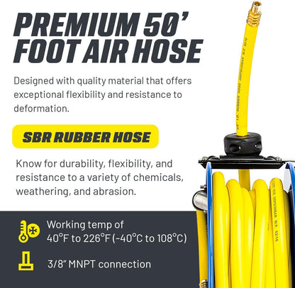Goodyear Air Hose Reel Retractable 3/8" Inch x 50' Foot SBR Rubber Hose Max 300PSI Heavy Duty Industrial Steel Single Arm Construction