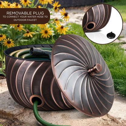 Monarch Abode Garden Hose Holder with Lid – Decorative Water Hose Holders for Outside, Wave Embossed Metal Matte Black Pot with Drainage, 100ft Waterhose Holder for Outside, Garden Storage Caddy