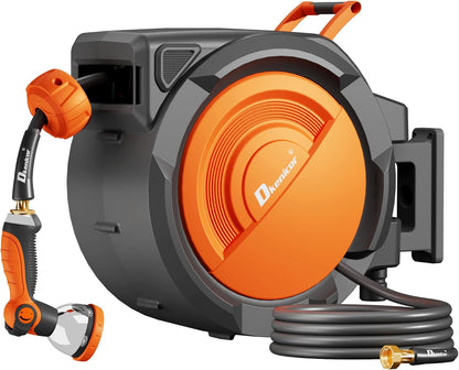 5/8" × 110 ft Retractable Hose Reel, Heavy Duty Retractable Garden Hose Reel Wall Mounted with 10-Pattern Hose Nozzle/Any Length Lock/Slow Return System/180°Swivel Bracket