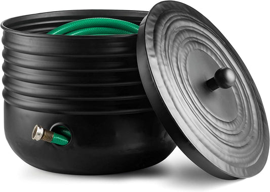 Ribbed Steel Garden Hose Pot Holder with Lid Black 16 x 12 Inches | Hose for Outside|Hose Pot Container (Magnetic Steel, Black)