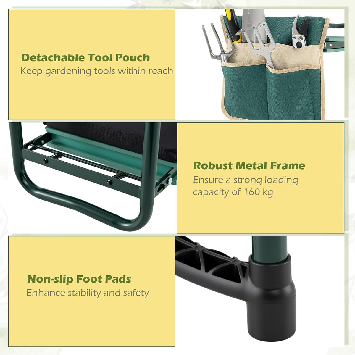 2-in-1 Garden Kneeler & Seat, Folding Seat w/EVA Foam Kneeling Pad & Removable Tools Pouch, Sturdy Steel Frame, No Assembly, Portable Heavy Duty Garden Stool for Women & Men