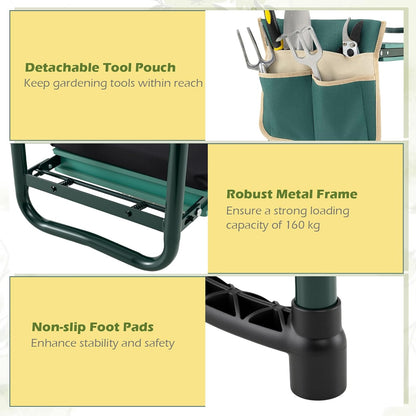 2-in-1 Garden Kneeler & Seat, Folding Seat w/EVA Foam Kneeling Pad & Removable Tools Pouch, Sturdy Steel Frame, No Assembly, Portable Heavy Duty Garden Stool for Women & Men