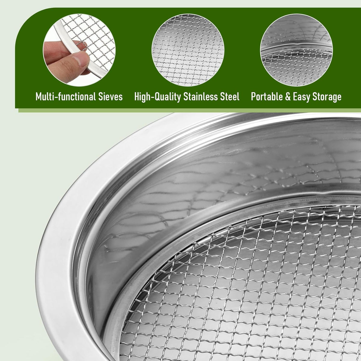 8 PCS Soil Sifter Set for Garden, Stainless Steel Soils Sieve Set, Compost Sifter with 5PCS Replaceable Mesh(1,3,6,9,12mm) Sieve and Bonsai Soil Scoop, 1 mat, 1 Frame, for Compost Bonsai Rocks Sand