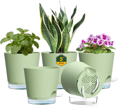 Meowell Self Watering Pots Pack of 6 – Different Size 4" to 7" Indoor Plant Pots with Drainage Holes and Clear Reservoir for Visible Water Level, Plastic Wicking Planters for House Plants, White