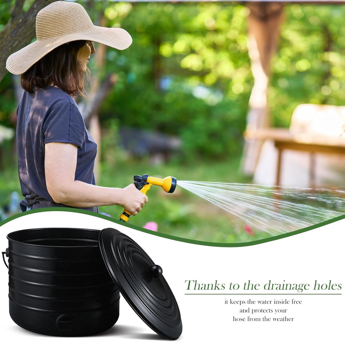 FillTouch Garden Hose Pot with Lid and Handle, Matte Black Ribbed Steel Garden Hose Holder Water Hose Storage Container for Outside Backyard Patio, Holds 100ft Hose