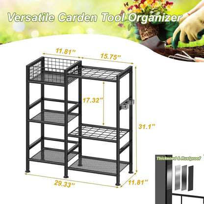 keomaisyto Garden Tool Organizer, Heavy Duty Yard Tool Tower Rack for Garage Organization and Storage, 3 Tier Utility Garden Tool Rack with hooks for Garden/Shed/Garage/Yard/Basement/Lawn