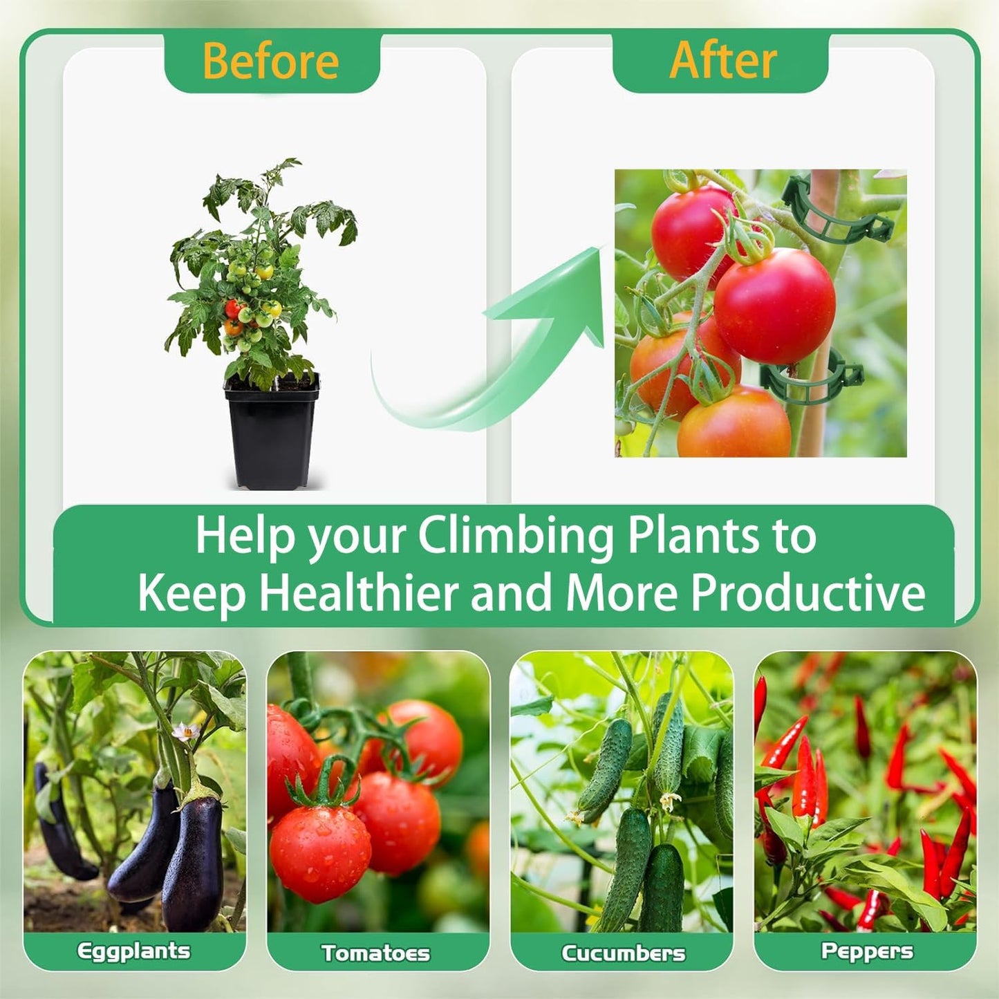 Tomato Support Hooks with String 20 Pcs,100 Pcs Plant Support Clips for Climbing Plants,Tomato Trellis Roller Hooks with 49.2FT String,Reusable Grape Vine Clips to Prevent Tomatoes