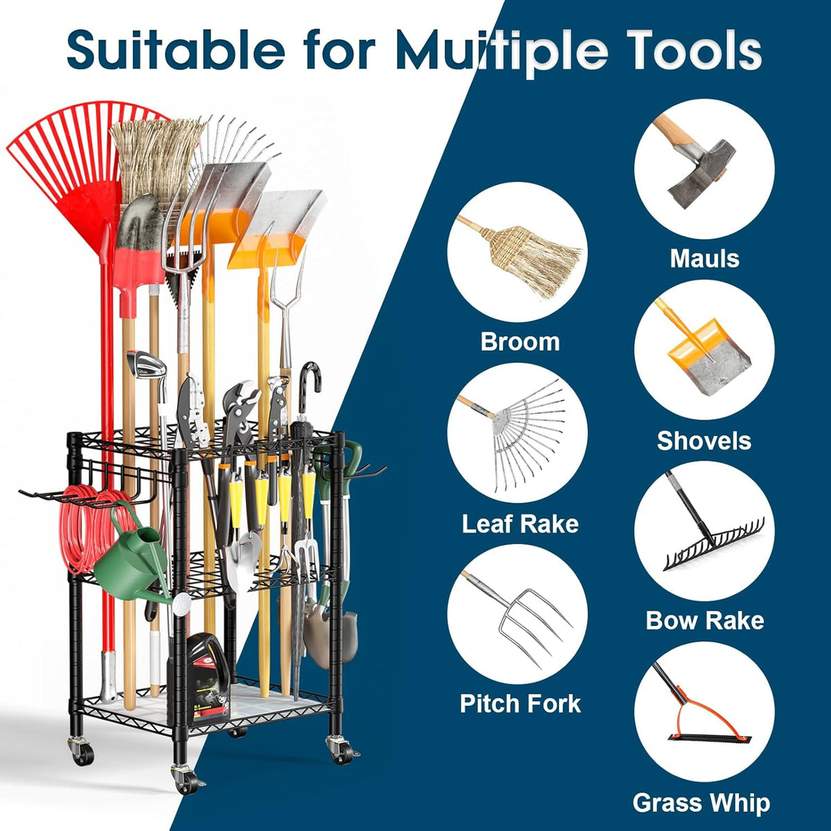 T1 Garden Tool Organizer（With Lockable Wheels）Heavy Duty Garage Tool Storage for Yard，Shed，Outdoor and Lawn，Freestanding Tool Organizers and Storage UP to 50 Tools，Black with Anti-Tip Device