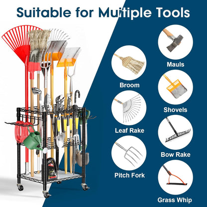 T1 Garden Tool Organizer（With Lockable Wheels）Heavy Duty Garage Tool Storage for Yard，Shed，Outdoor and Lawn，Freestanding Tool Organizers and Storage UP to 50 Tools，Black with Anti-Tip Device